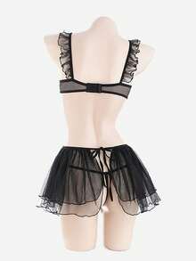 1 Set Bow Cosplay Outfit, Includes Pearl Chain & Bow Decorated Sexy Sheer Lingerie Set With Thong (Suitable For Spring, Summer, Autumn, Winter) - Black - View 6