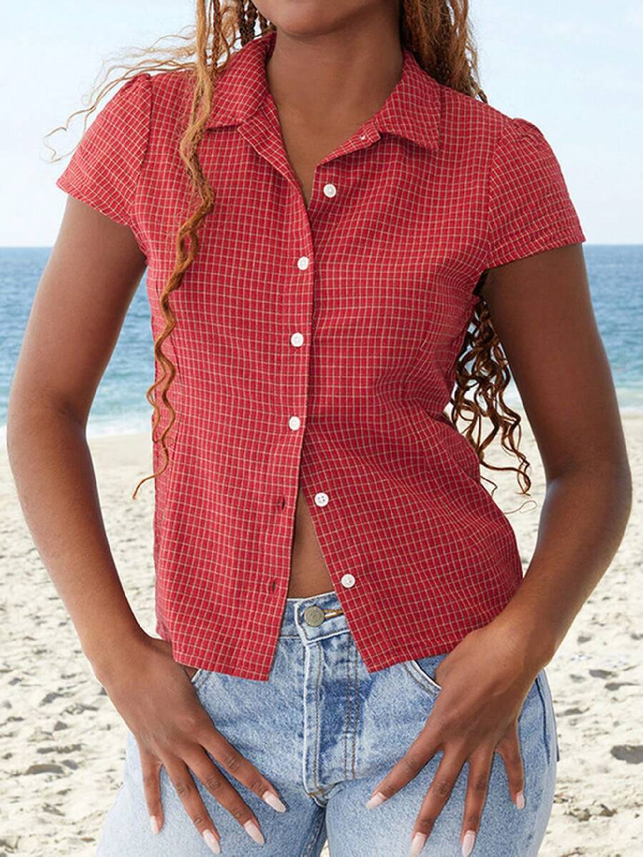 Women Y2k Short Sleeve Button Up Shirt 90s Coquette V Neck Slim Fitted Blouse Casual Preppy Vintage T Shirt Crop Top - 紅色 - 查看 1