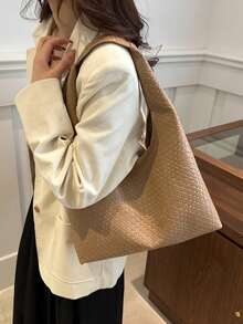 1 件女士纯色 PU 皮革时尚大容量单肩包，适合日常使用 - 卡其色 - 查看 5