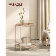 Mesa auxiliar de 2 niveles de metal mesita de noche y centro pequeña con bandeja color marrón camello MLET243K01 ideal para recámara sala oficina y decoración funcional - Marrón Camello - Ver 2