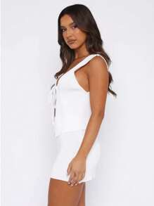2pcs Solid Color Sexy Sleeveless Tank Top And Mini Skirt Set, Summer