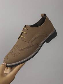 Men's Suede Lightweight Brogue Decorated Round Toe Lace-Up Casual Low-Heel PU Shoes, Suitable For Young Students Everyday Wear, Spring/Summer/Autumn/Winter