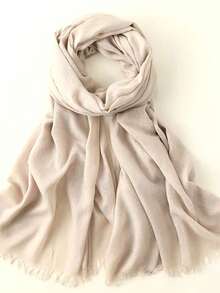 1条120克仿亚麻纯色流苏保暖披肩围巾，竹节图案，女士旅行礼物，适合搭配连衣裙 - 米色 - 查看 2