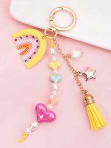 1pc Rainbow Heart & Flower Beaded Tassel Keychain Bag Charm, Girls Holiday Gift (Bead Color Random) - Multicolor - View 4
