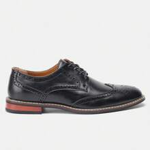 Men's Brogue Business Shoes, Embossed Leather Uppers Vintage Style, Wooden Heel Rubber Outsole, White Stitching