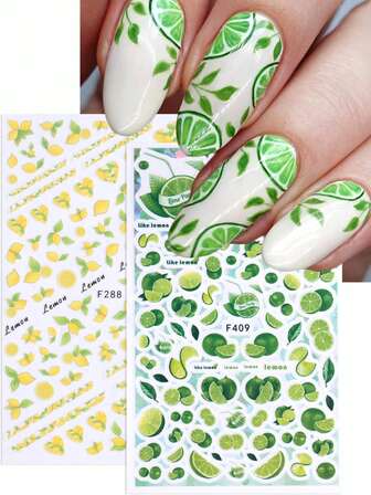 2 件柠檬水果指甲贴纸 3D 绿黄卡通西柚柠檬叶热带水果可爱夏季主题 DIY 时尚自粘凝胶抛光贴花滑块美甲装饰指甲用品适合女士和女孩