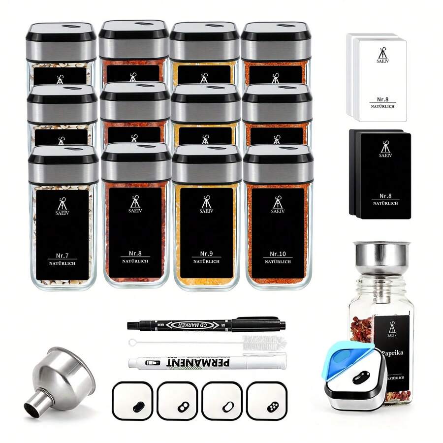 Spice Jars With Black, Swivel Lid, 12/24/35 Spice Jars With Spice Labels. Perfect Organizer For Kitchen Spices, Spice Labels, Glass Spice Jar For Clear Storage Of Spices. - 12 lọ gia vị Lão Hồ - Xem 1