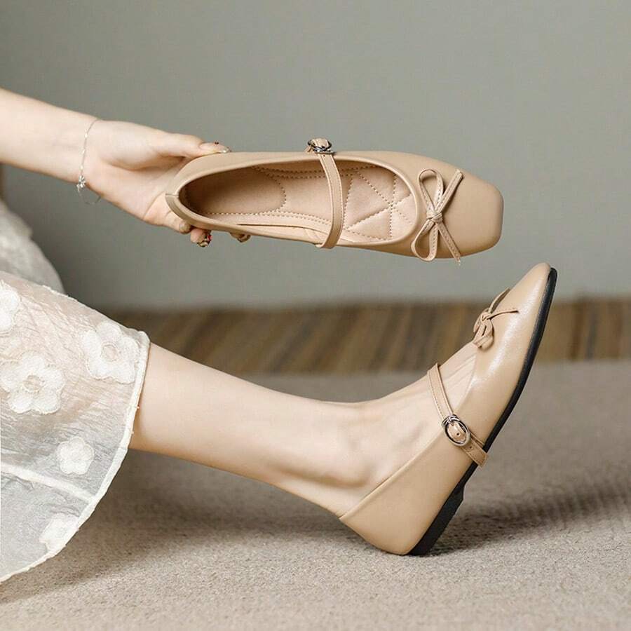 Women's Fashion Square Toe Slip-On Bow Decor Shoes, Office Casual Versatile Ballet Flats, Spring Summer Outdoor Wear, High Quality Vibe, Light Color Party Wedding Flat Shoes - 杏色 - 查看 1
