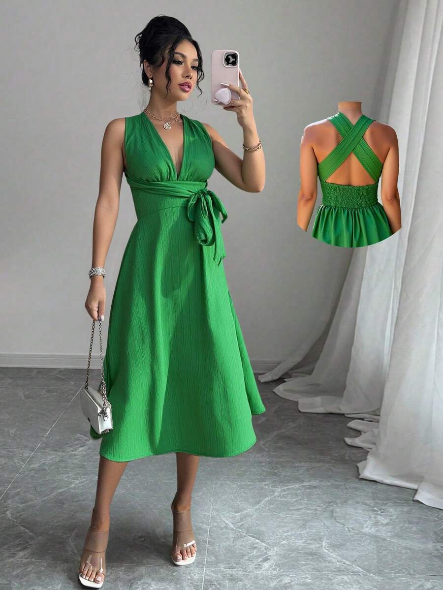 Women Cross Back Solid Color Belted Summer Dress - Green - View 1