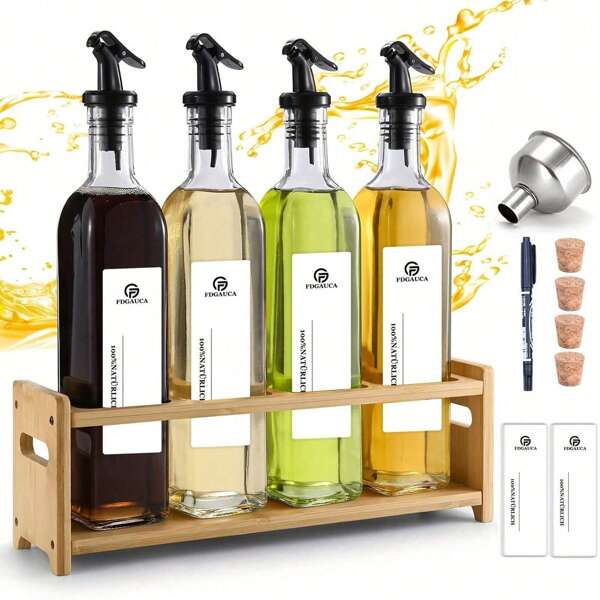 SAEIV Ensemble de bouteilles de vinaigre et d'huile (4 x 500 ml) avec support en bambou jaune chaud, bouteille d'huile avec verseur, distributeur d'huile avec étiquette, verseur d'huile, entonnoir, stylo, aide à organiser soigneusement les distributeurs d'huile et de vinaigre de cuisine