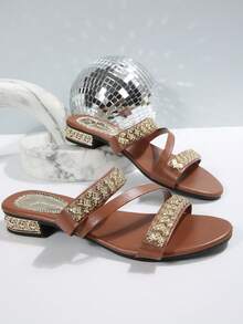 Women's Flat Sandals, Summer Rhinestone & Glitter 2-In-1 Stylish Slippers, Suitable For Outdoor Wear - Brown - View 7