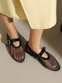 Women Ballet Flats Sandals Slip On Mesh Buckle Mules Casual Comfy Beach Vacation Fishnet Ballerina Shoes Woman - màu đen - Xem 2