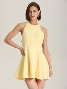 女式简约露背露背短裙，奶油黄色，夏季 - 黃色 - 查看 4