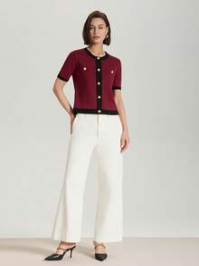 Color Block Button Down Short Sleeve Casual Knitted Cardigan - Multicolor - View 4