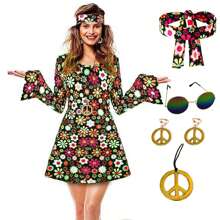 6pcs 70s Retro Hippie Set With Necklace And Earrings Vintage Set For Girls And Women(Pattern Position Is Random)For Christmas Parties, Carnival Partiesparty Dressing Up,Pink,Holiday Gift,Partywear,Elegant Outfit,Floral,Bachelorette Party,Vintage, New Year Party, Going Out Outfit Halloween