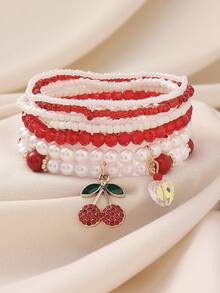 7件套波西米亚风可爱串珠仿珍珠樱桃草莓吊坠叠戴手链，适合女性海滩度假休闲日常佩戴 - 紅白色 - 查看 9