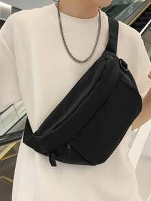 纯色尼龙面料时尚百搭男士运动休闲胸包，适合旅行和购物 - 黑色 - 查看 1