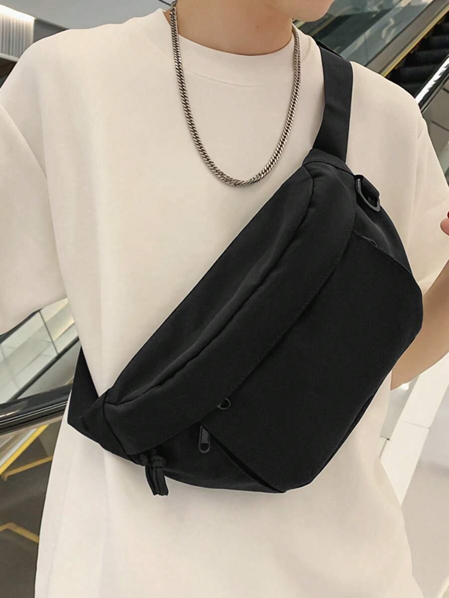 纯色尼龙面料时尚百搭男士运动休闲胸包，适合旅行和购物 - 黑色 - 查看 1