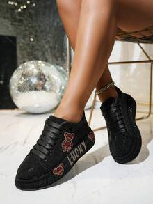 女士闪亮水钻 Bling Bling 闪亮运动鞋，派对，街头服饰，跑步，休闲，可爱熊设计，红色轻便秋季新款白色运动鞋