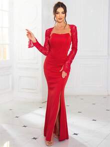 Elegant Sexy Backless Split Fishtail Hem Evening Dress, Party, Graduation, Weddings, Formal Events, Spring/Summer/Autumn - Red - View 3