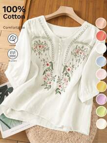 Women's Lightweight Sheer Floral Embroidered Round Neck Casual Loose Blouse, Spring/Summer
