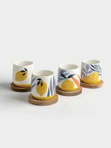 4pcs Elegant Lemon Creative Ceramic Espresso Cups Set With Wooden Tray, Couple/Family Weekend Coffee Mugs, Daily Italian Demitasse Cups, Afternoon Tea Novelty Dopamine Mugs, Small Water Cups - Multicolor - View 10