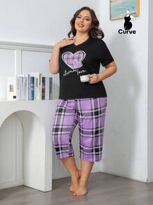Plus Size Women 2pcs Short Sleeve Pajama Set, Purple Heart Pattern