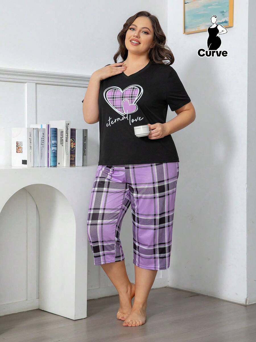 Plus Size Women 2pcs Short Sleeve Pajama Set, Purple Heart Pattern