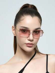 1pc Frameless Rectangle Metal Fashion Glasses, Available In Brown & Black Colors, Fashionable For Daily Life, Outdoor Travel & Beach For Summer Beach Vacation,Outdoor,Travel - Brown - View 5