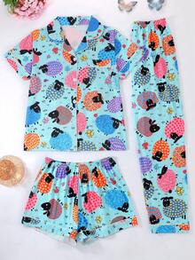 3pcs/Set Women Sleepwear, Cartoon Dog Print Short Sleeve Top, Short Pants And Long Pants, Collared Button Front Tee, Comfortable Loose Fit, Suitable For All Seasons, Homewear