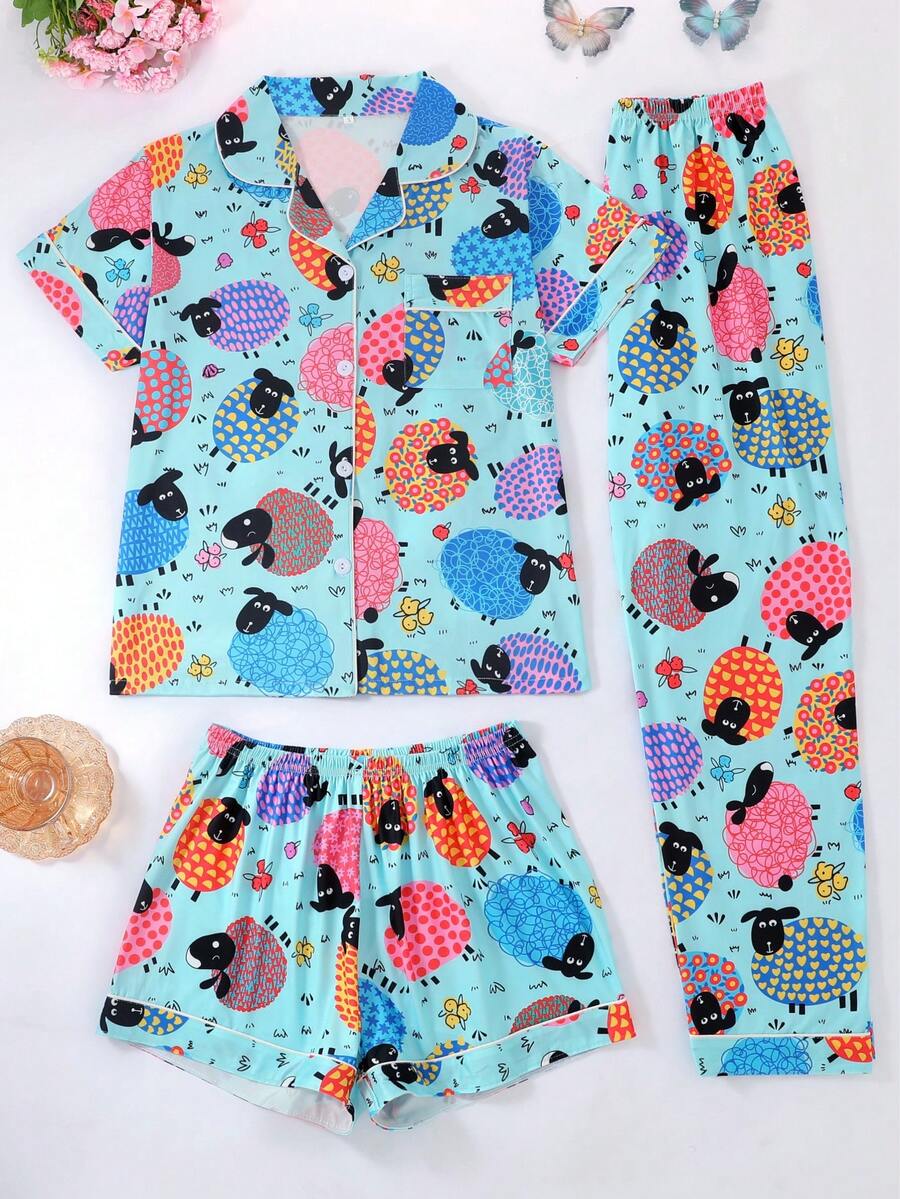 3pcs/Set Women Sleepwear, Cartoon Dog Print Short Sleeve Top, Short Pants And Long Pants, Collared Button Front Tee, Comfortable Loose Fit, Suitable For All Seasons, Homewear