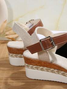 Women's Plus Size Closed Toe Chunky Platform Back Strap Black Sandals, New Summer Splice Color Elastic Band Rope Bottom Roman Style Sandals - Black - View 2