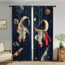 2 piezas Cortinas con estampado de astronauta, tela de poliéster de 100-120g, diseño de bolsillo para barra, estilo moderno, impresión por sublimación de primavera, decoración estacional, sin forro, adecuado para dormitorio, sala de estar - Multicolor - Ver 7