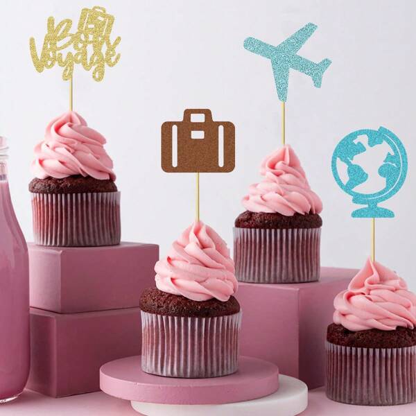12/24 pezzi di decorazioni per cupcake a tema viaggio, stuzzicadenti per cupcake con aerei, mappe, buon viaggio, valigie, decorazioni per torta e cupcake per feste di compleanno a tema viaggio