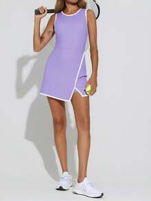 Fisoew Women's Tennis Dress 2-In-1 With Built-In Bra & Shorts - Breathable Fabric Sleeveless Crewneck Golf Athletic Mini Dress | Pockets | Summer Fashion Sporty Outfit Casual Y2K Streetwear