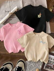 3 piezas Camisetas de cuello redondo de manga corta con estampado de logo para chicas adolescentes y estudiantes, blusas de verano - Negro - Ver 9