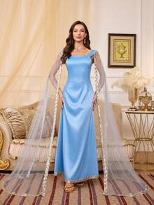 Women's Square Neck Glamorous Mesh Lace & Sequin Panel Dress - Blue - View 3