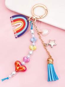 1pc Rainbow Heart & Flower Beaded Tassel Keychain Bag Charm, Girls Holiday Gift (Bead Color Random) - Multicolor - View 7