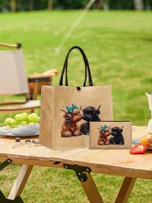 Adorable Highland Cow Printed Tote Bag, Large Capacity Tote Bag,Tote Bag And Makeup Pouch Set,Lightweight Large Capacity Tote Bag, Reusable Burlap Shopping Bag, Portable Travel Beach Bag With Makeup Bag, Travel Handbag For Holiday Vacation Weekend Getaway Short Trip,Personalized Birthday Gifts Present For Friend Her,Suitable For Weddings,Birthdays,Beaches,Holidays, Anniversary, Best Gift For Mother's Day