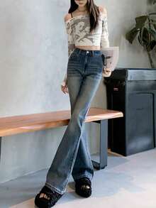 女式休闲日常水洗斜口袋喇叭牛仔裤 - 中等水洗藍 - 查看 6