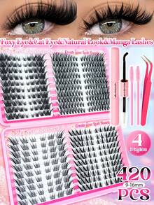 420PCS Large Capacity Individual Lash Clusters ,Foxy Eye&Cat Eye&Natural Wispy&Manga Lashes 10-18mm Left+Right For Paired Single Cluster, Natural Look&Extra Thick&Ultra Soft&Super Light DIY Eyelash Extension Kit With Makeup Tools Bond And Seal&Lash Tweezers&2 Lash Brushes - Black - View 5