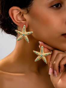 1 对欧美简约几何不对称海星形百搭耳钉女士耳环，热销