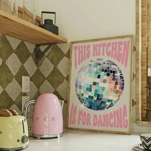 1pc, Wall Arts, Vintage Posters, This Kitchen Is For Dancing Prints, Pink, Disco Ball, Retro Posters, Posters, Wall Art, Kitchen Prints, Kitchen Decor Posters, Unframed ,Wall Art With Frame