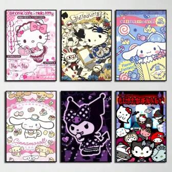 Sanrio 1/6 pièces Optinale Affiches encadrées Arts Muraux Pop H-Hello K-chat Kuromi Anime Papier Affiche Impression Décoration Maison Salon Chambre à coucher Entrée Bar Café Peinture