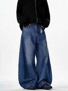 1pc Justice Brother Vintage Washed Loose Fit Wide Leg Jeans, Fashionable & Versatile American Style - Royal Blue - View 3