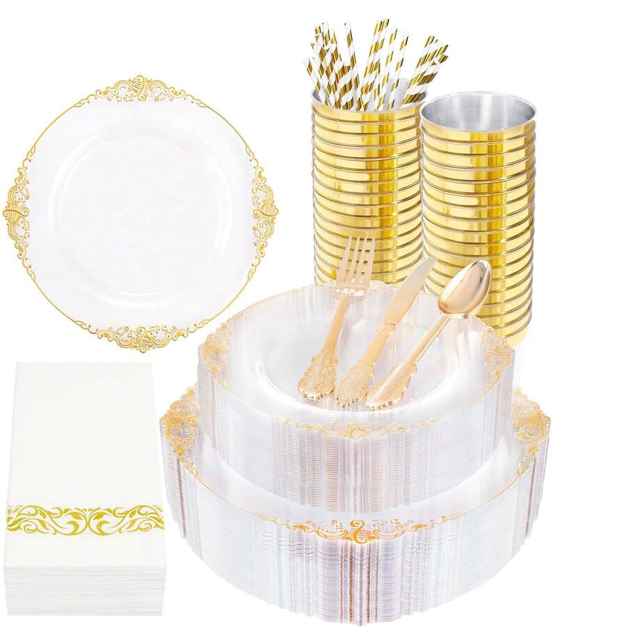 200pcs Transparent Gold Palace Style Plastic Gold Tableware Set, Suitable For 25 Guests, Including 25 Dinner Plates, 25 Dim Sum Plates, 75 Knives, Forks, Spoons, 25 Cups, 25 Napkins And 25 Straws. Very Suitable For Weddings And Parties - Vàng trong suốt - Xem 1