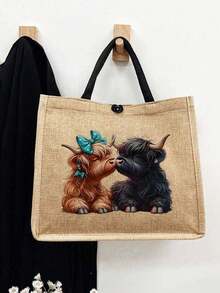 Adorable Highland Cow Printed Tote Bag, Large Capacity Tote Bag,Tote Bag And Makeup Pouch Set,Lightweight Large Capacity Tote Bag, Reusable Burlap Shopping Bag, Portable Travel Beach Bag With Makeup Bag, Travel Handbag For Holiday Vacation Weekend Getaway Short Trip,Personalized Birthday Gifts Present For Friend Her,Suitable For Weddings,Birthdays,Beaches,Holidays, Anniversary, Best Gift For Mother's Day