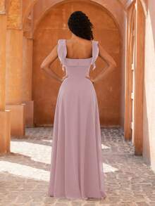 MOEVIO Gaun Malam Formal Wanita Elegan Model A-Line dengan Lengan Ruffle dan Bahu Terbuka, Belahan Paha Tinggi, Cocok untuk Acara Prom, Wisuda, Acara Pulang Kampung, Liburan, Musim Gugur dan Musim Semi - Dusty Pink - View 3