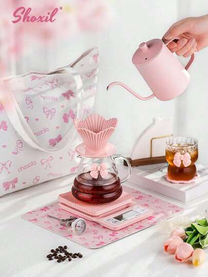 shoxil Coffee Set, Pink Coffee Set With Bow Pattern Bag, Pour Over Coffee Set, Drip Coffee Accessories, Travel Camping Festival Coffee Gifts