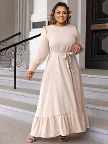 加大码新娘妈妈圆领长袖纯色腰带荷叶边下摆礼服 - 杏色 - 查看 6